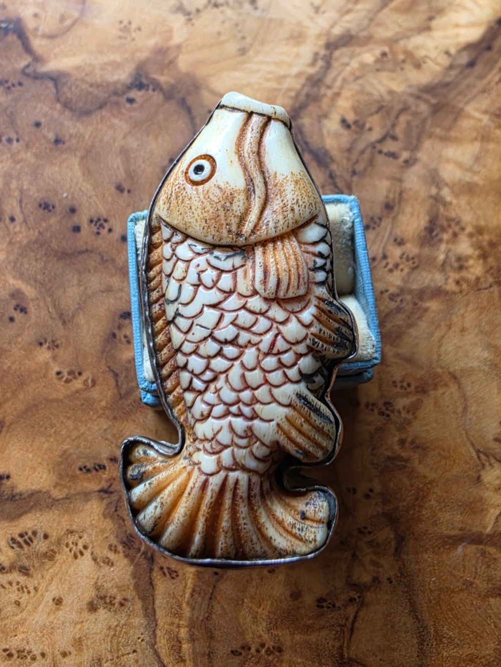 Handmade Sterling & Carved Bone (?) Koi Ring